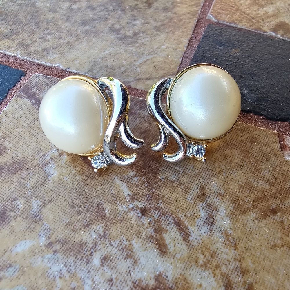 Vintage Faux Pearl and Rhinestone Two Tone Clip Back Earrings